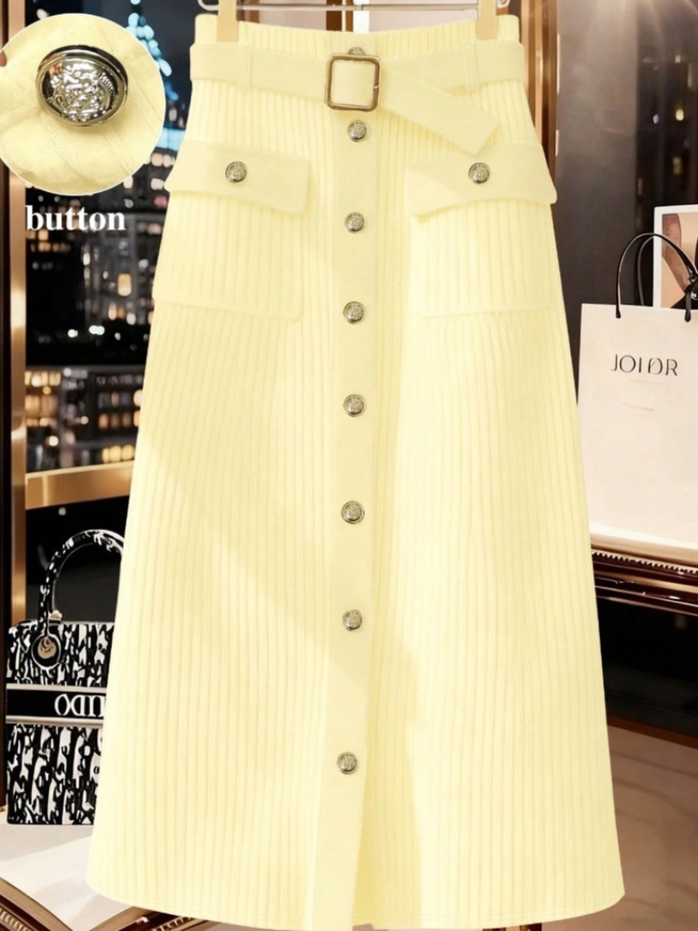 Textured Fabric Jacquard Decorative Button A-Line Skirt